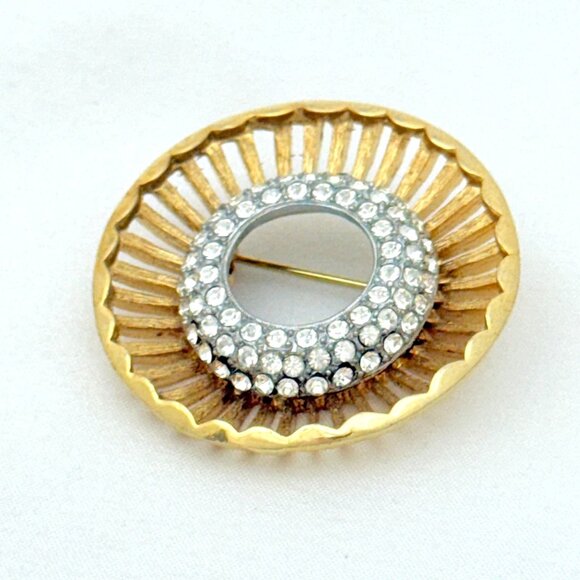 Vintage MCM Gold Tone Brooch Concave Geometric w/Pave Set Rhinestones - Picture 4 of 5